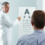 A person sitting down for an eye exam while an optometrist points to a line on a Snellen eye chart in the background.
